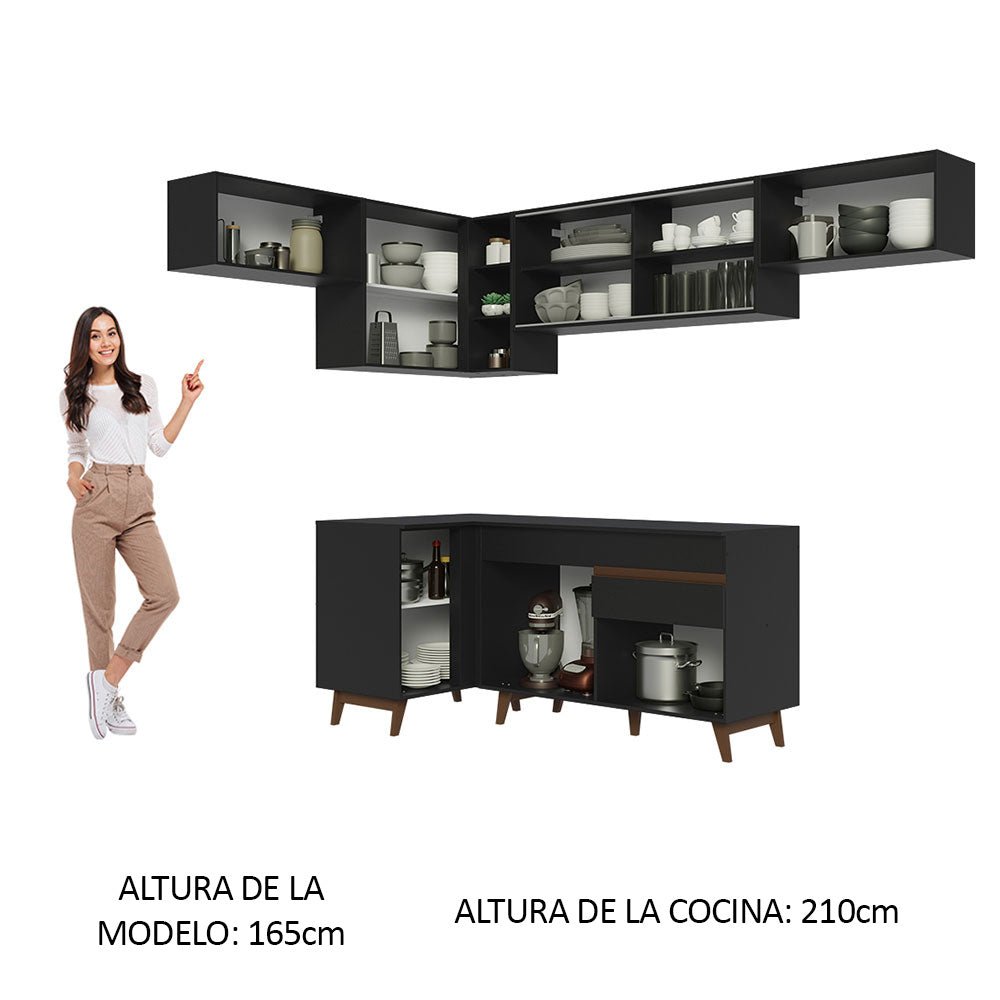 Cocina Integral Esquinero Modular Reims Negro 402x210cm con Mesón de Madera Aglomerada Mdp sin Estufa con Un Cajón y con Quince Entrepaños - COCINAS | Bylmo