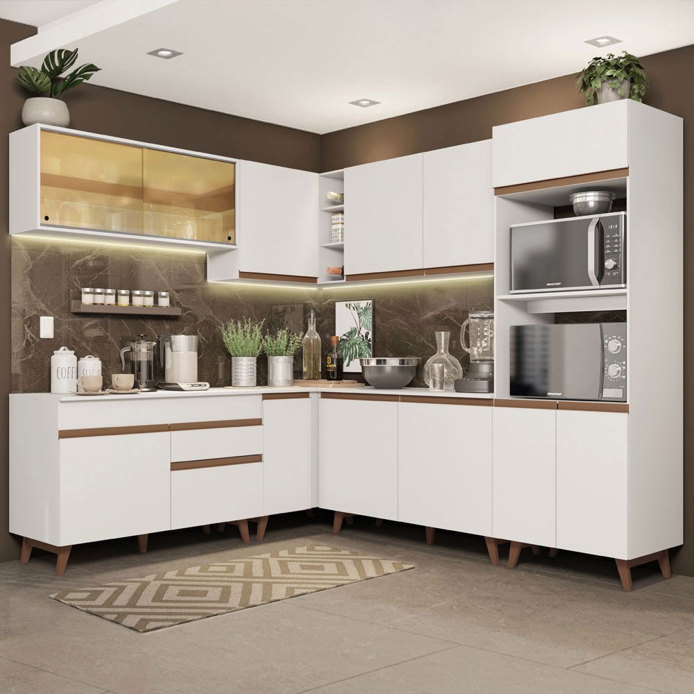 Cocina Integral Esquinero Modular Reims Blanco 452x210cm con Mesón de Madera Aglomerada Mdp sin Estufa con Un Cajón y con Veinticinco Entrepaños - COCINAS | Bylmo