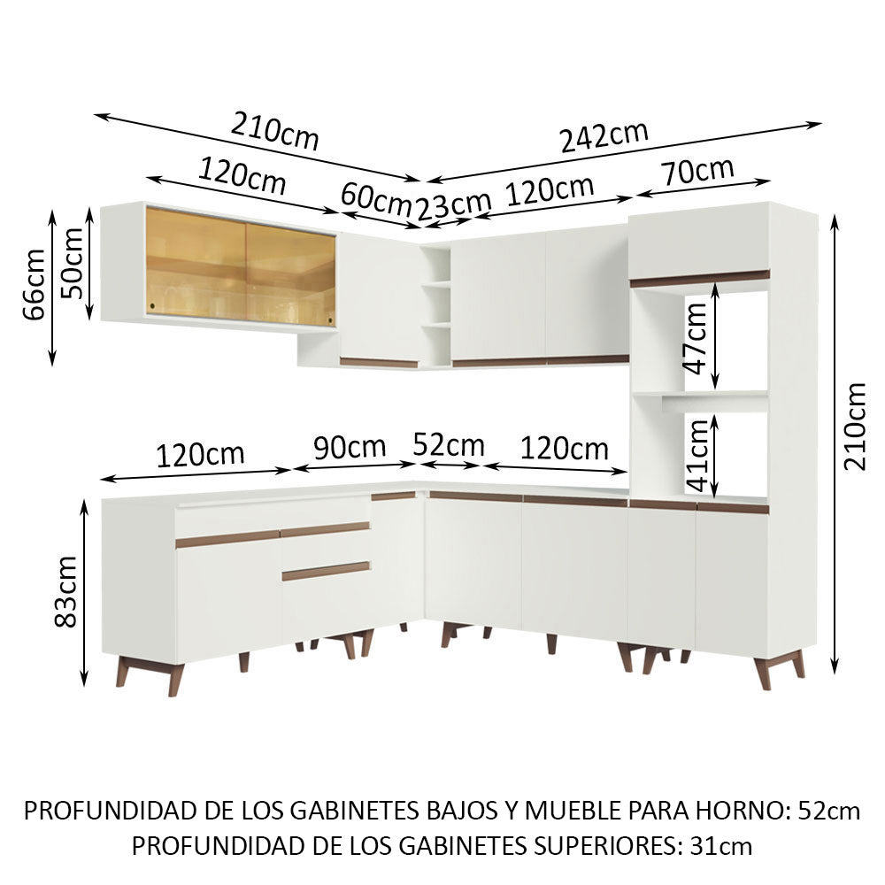 Cocina Integral Esquinero Modular Reims Blanco 452x210cm con Mesón de Madera Aglomerada Mdp sin Estufa con Un Cajón y con Veinticinco Entrepaños - COCINAS | Bylmo