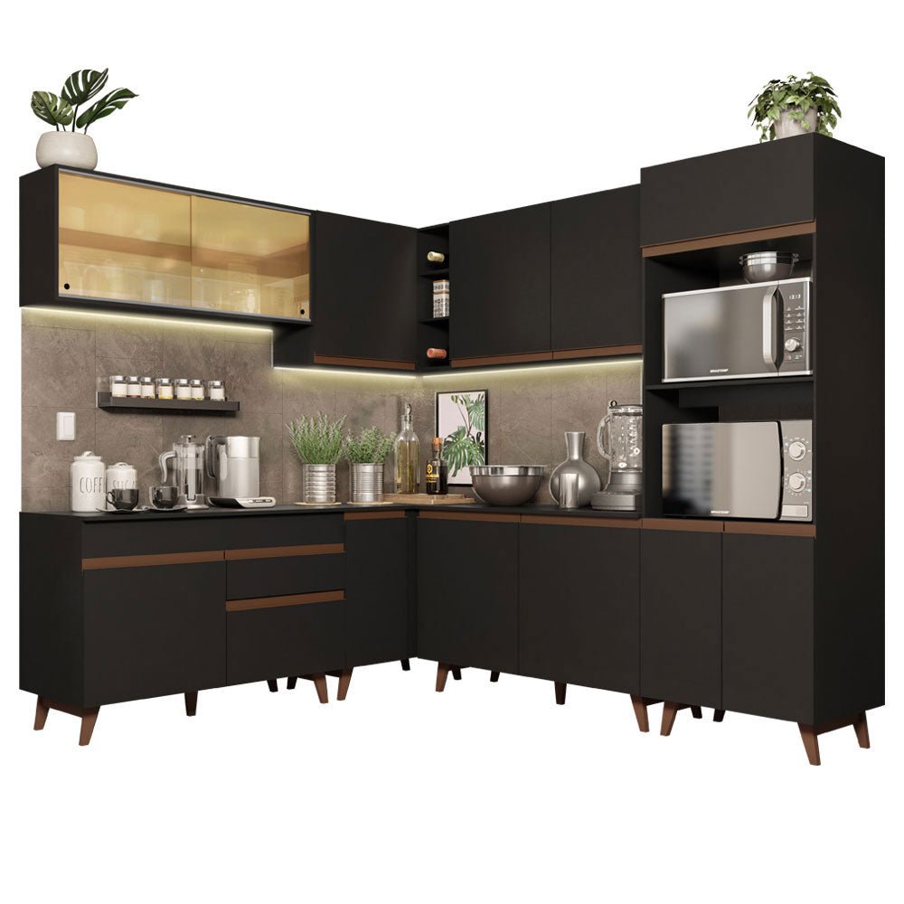 Cocina Integral Esquinero Modular Reims Negro 452x210cm con Mesón de Madera Aglomerada Mdp sin Estufa con Un Cajón y con Veinticinco Entrepaños - COCINAS | Bylmo