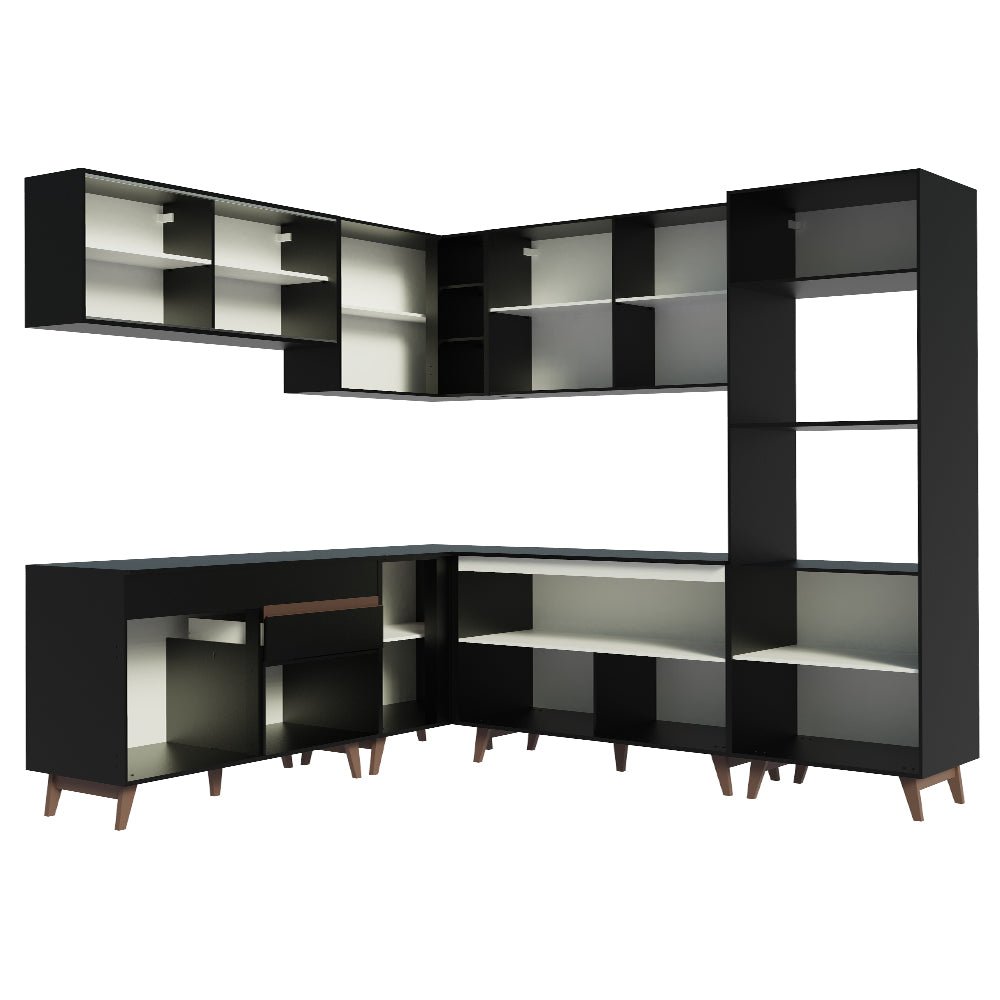 Cocina Integral Esquinero Modular Reims Negro 452x210cm con Mesón de Madera Aglomerada Mdp sin Estufa con Un Cajón y con Veinticinco Entrepaños - COCINAS | Bylmo