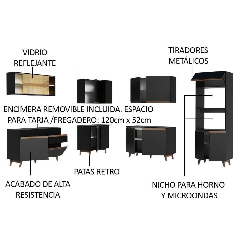 Cocina Integral Esquinero Modular Reims Negro 452x210cm con Mesón de Madera Aglomerada Mdp sin Estufa con Un Cajón y con Veinticinco Entrepaños - COCINAS | Bylmo