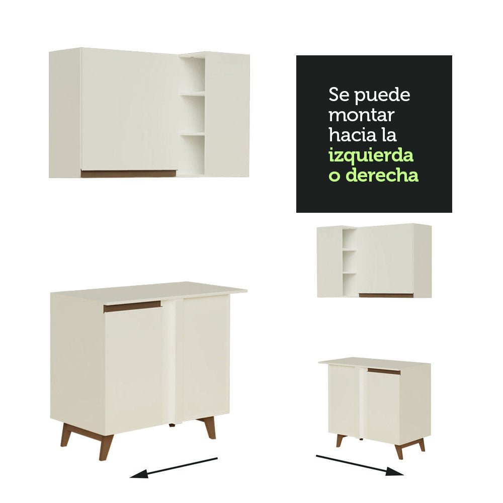 Cocina Integral Esquinero Modular Reims Blanco 462x210cm con Mesón de Madera Aglomerada Mdp sin Estufa con Tres Cajones y con Veintidós Entrepaños - COCINAS | Bylmo