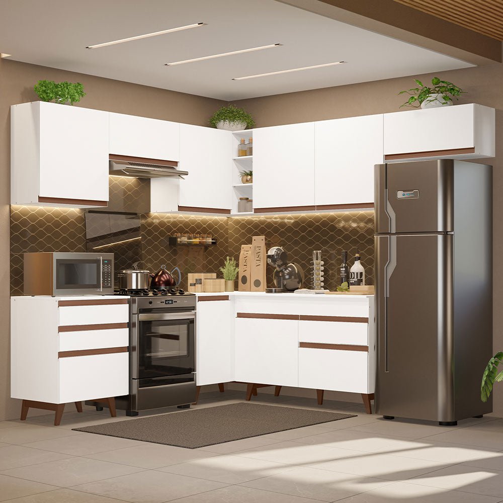 Cocina Integral Esquinero Modular Reims Blanco 462x210cm con Mesón de Madera Aglomerada Mdp sin Estufa con Cuatro Cajones y con Diecisiete Entrepaños - COCINAS | Bylmo