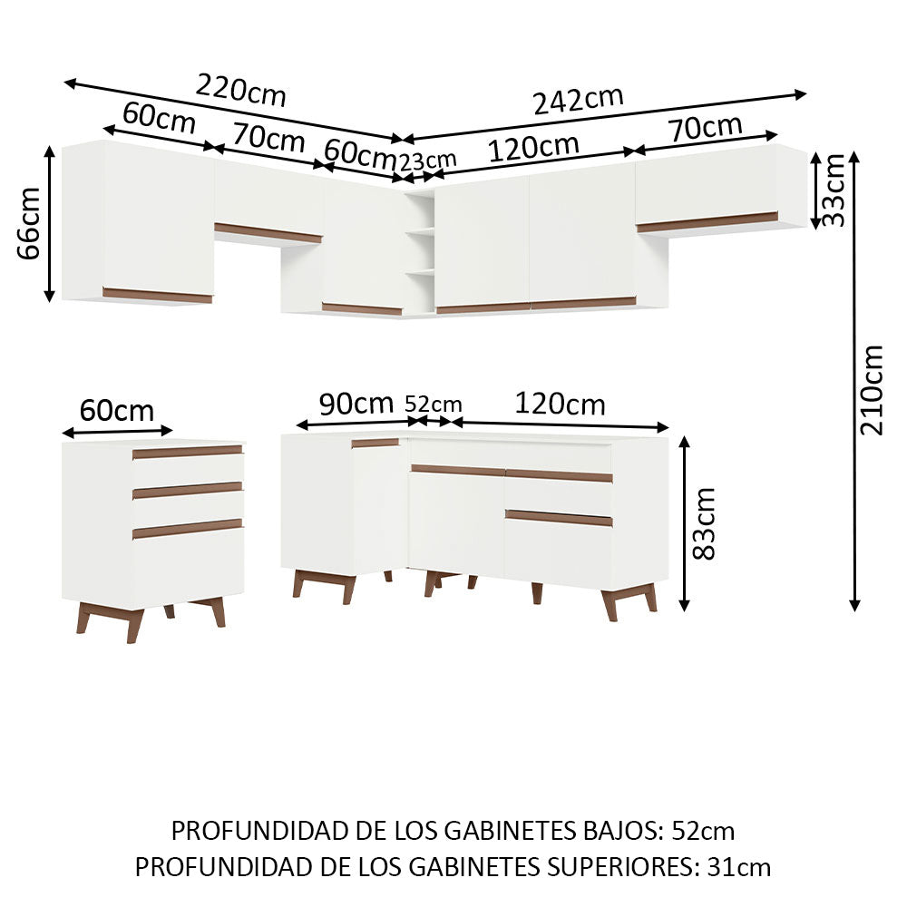 Cocina Integral Esquinero Modular Reims Blanco 462x210cm con Mesón de Madera Aglomerada Mdp sin Estufa con Cuatro Cajones y con Diecisiete Entrepaños - COCINAS | Bylmo
