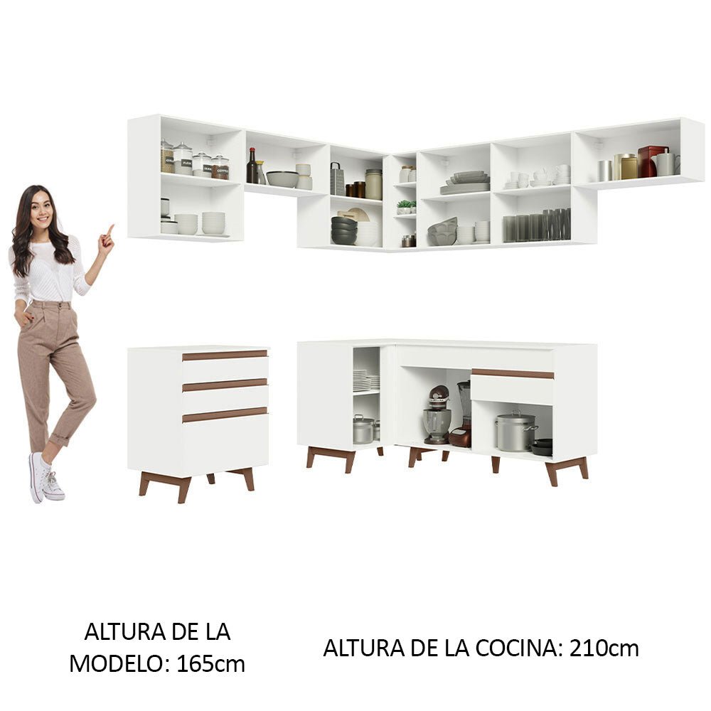 Cocina Integral Esquinero Modular Reims Blanco 462x210cm con Mesón de Madera Aglomerada Mdp sin Estufa con Cuatro Cajones y con Diecisiete Entrepaños - COCINAS | Bylmo