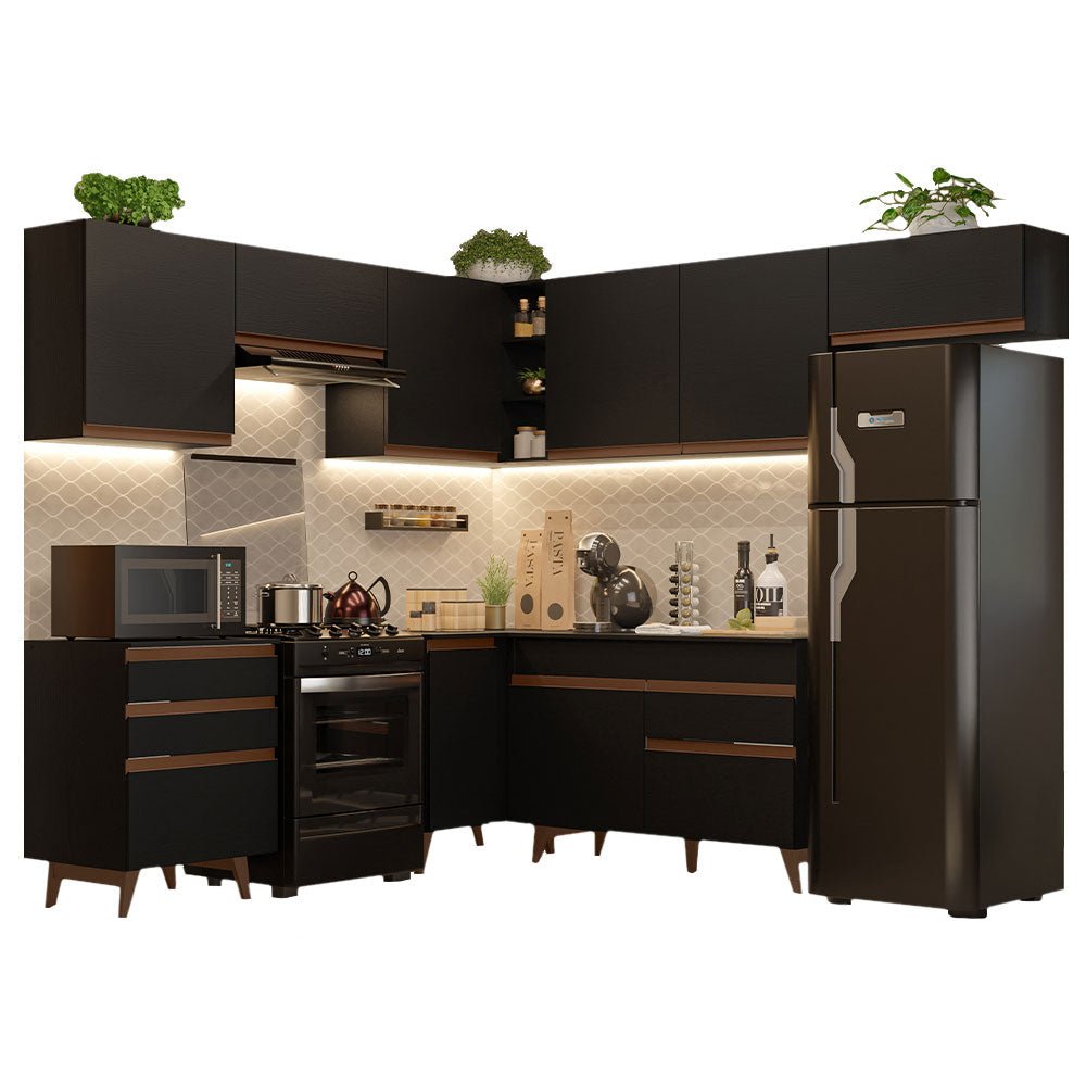 Cocina Integral Esquinero Modular Reims Negro 462x210cm con Mesón de Madera Aglomerada Mdp sin Estufa con Cuatro Cajones y con Diecisiete Entrepaños - COCINAS | Bylmo