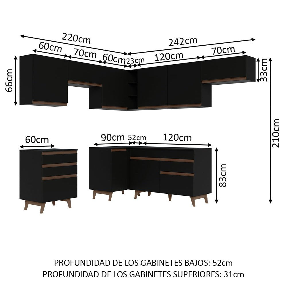 Cocina Integral Esquinero Modular Reims Negro 462x210cm con Mesón de Madera Aglomerada Mdp sin Estufa con Cuatro Cajones y con Diecisiete Entrepaños - COCINAS | Bylmo