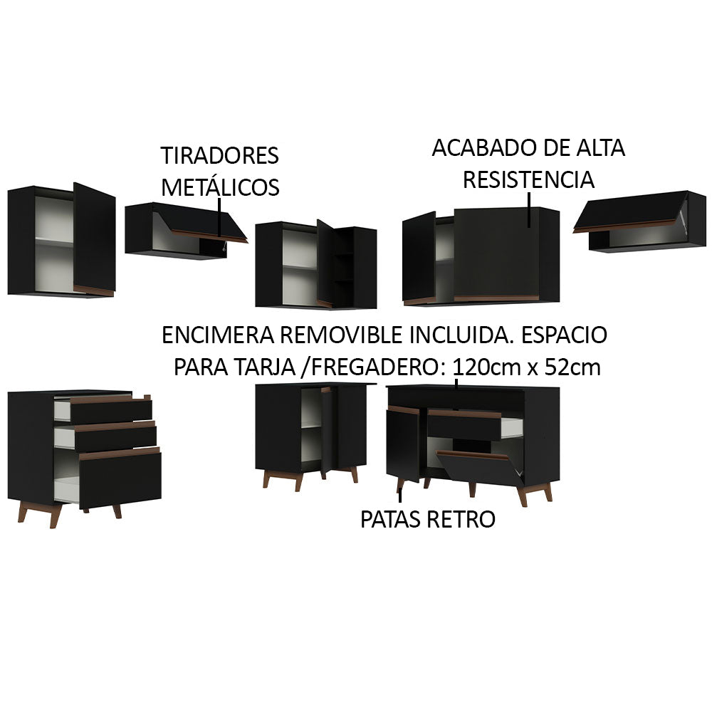 Cocina Integral Esquinero Modular Reims Negro 462x210cm con Mesón de Madera Aglomerada Mdp sin Estufa con Cuatro Cajones y con Diecisiete Entrepaños - COCINAS | Bylmo