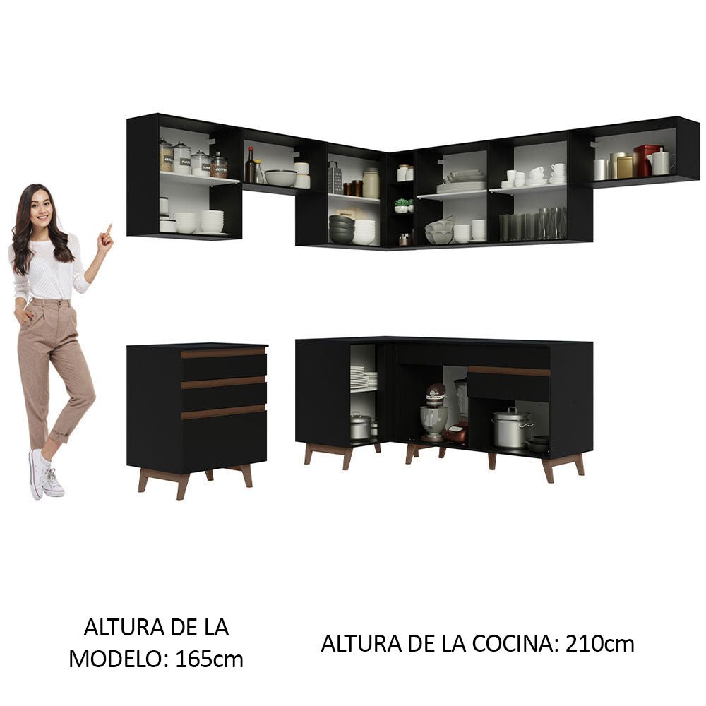 Cocina Integral Esquinero Modular Reims Negro 462x210cm con Mesón de Madera Aglomerada Mdp sin Estufa con Cuatro Cajones y con Diecisiete Entrepaños - COCINAS | Bylmo