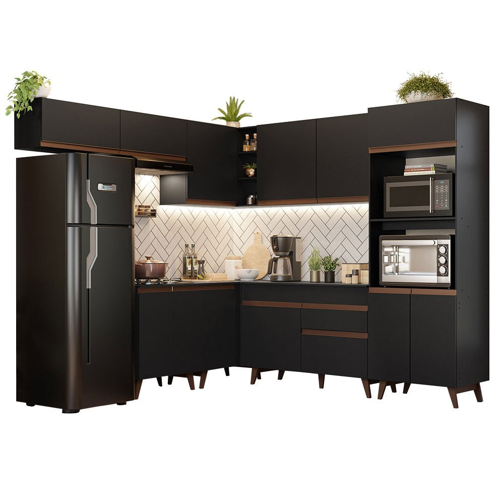 Cocina Integral Esquinero Modular Reims Negro 472x210cm con Mesón de Madera Aglomerada Mdp sin Estufa con Un Cajón y con Veintidós Entrepaños - COCINAS | Bylmo