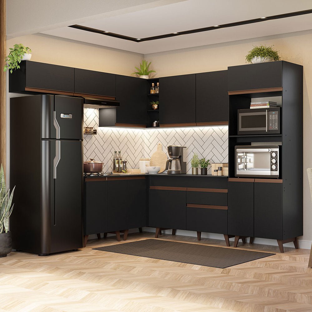 Cocina Integral Esquinero Modular Reims Negro 472x210cm con Mesón de Madera Aglomerada Mdp sin Estufa con Un Cajón y con Veintidós Entrepaños - COCINAS | Bylmo