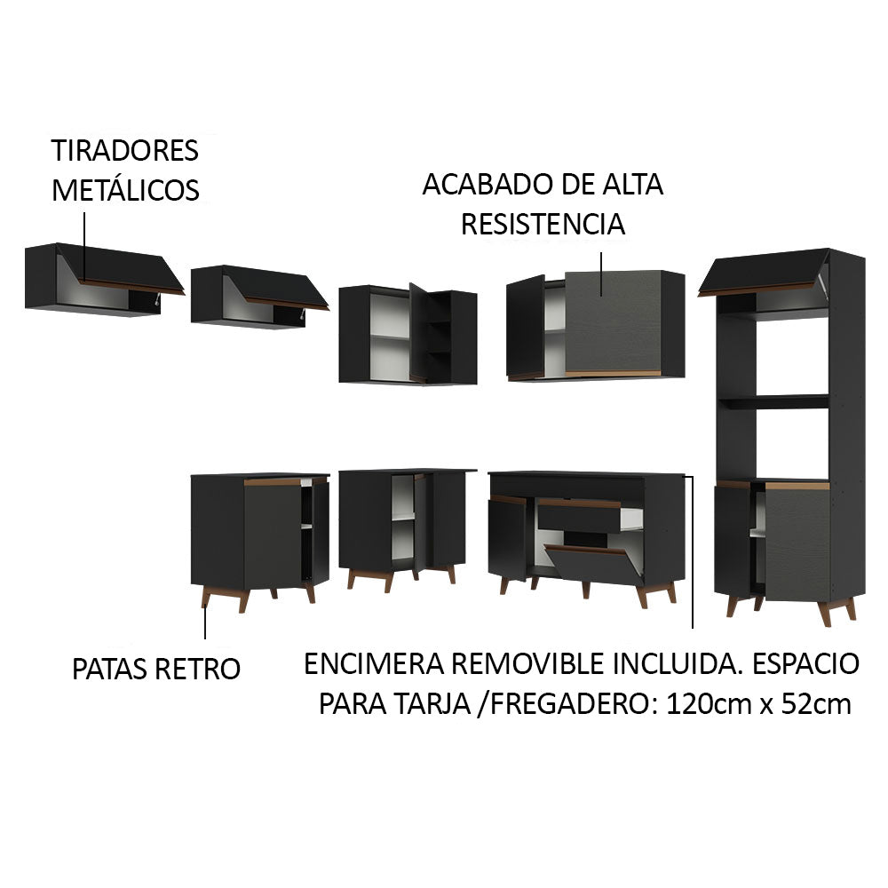 Cocina Integral Esquinero Modular Reims Negro 472x210cm con Mesón de Madera Aglomerada Mdp sin Estufa con Un Cajón y con Veintidós Entrepaños - COCINAS | Bylmo