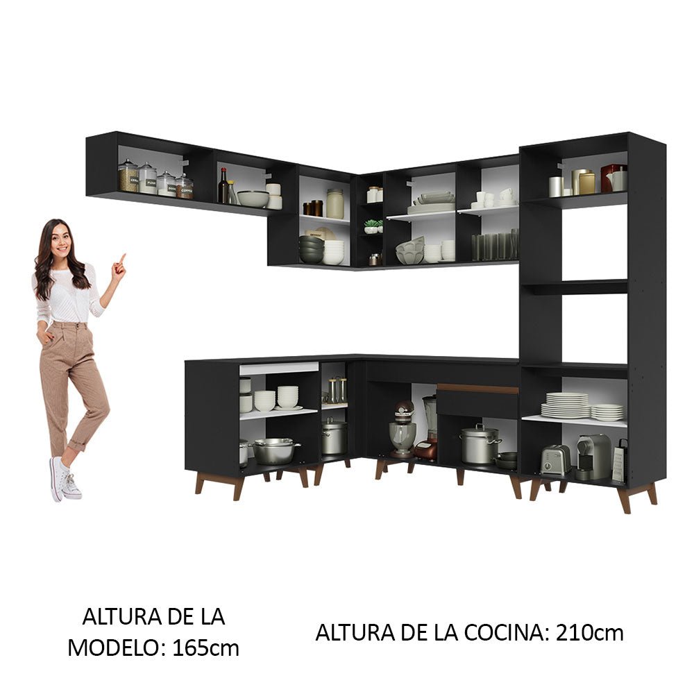 Cocina Integral Esquinero Modular Reims Negro 472x210cm con Mesón de Madera Aglomerada Mdp sin Estufa con Un Cajón y con Veintidós Entrepaños - COCINAS | Bylmo