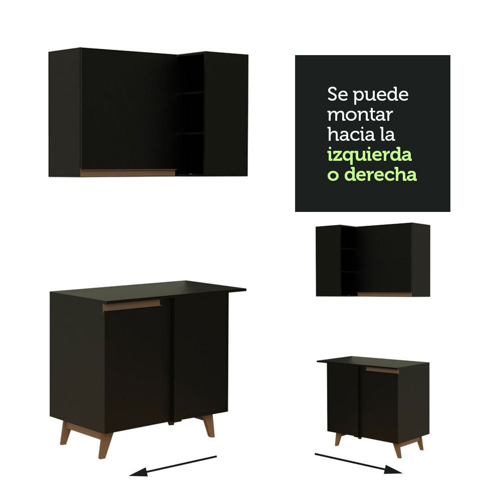 Cocina Integral Esquinero Modular Reims Negro 472x210cm con Mesón de Madera Aglomerada Mdp sin Estufa con Un Cajón y con Veintidós Entrepaños - COCINAS | Bylmo