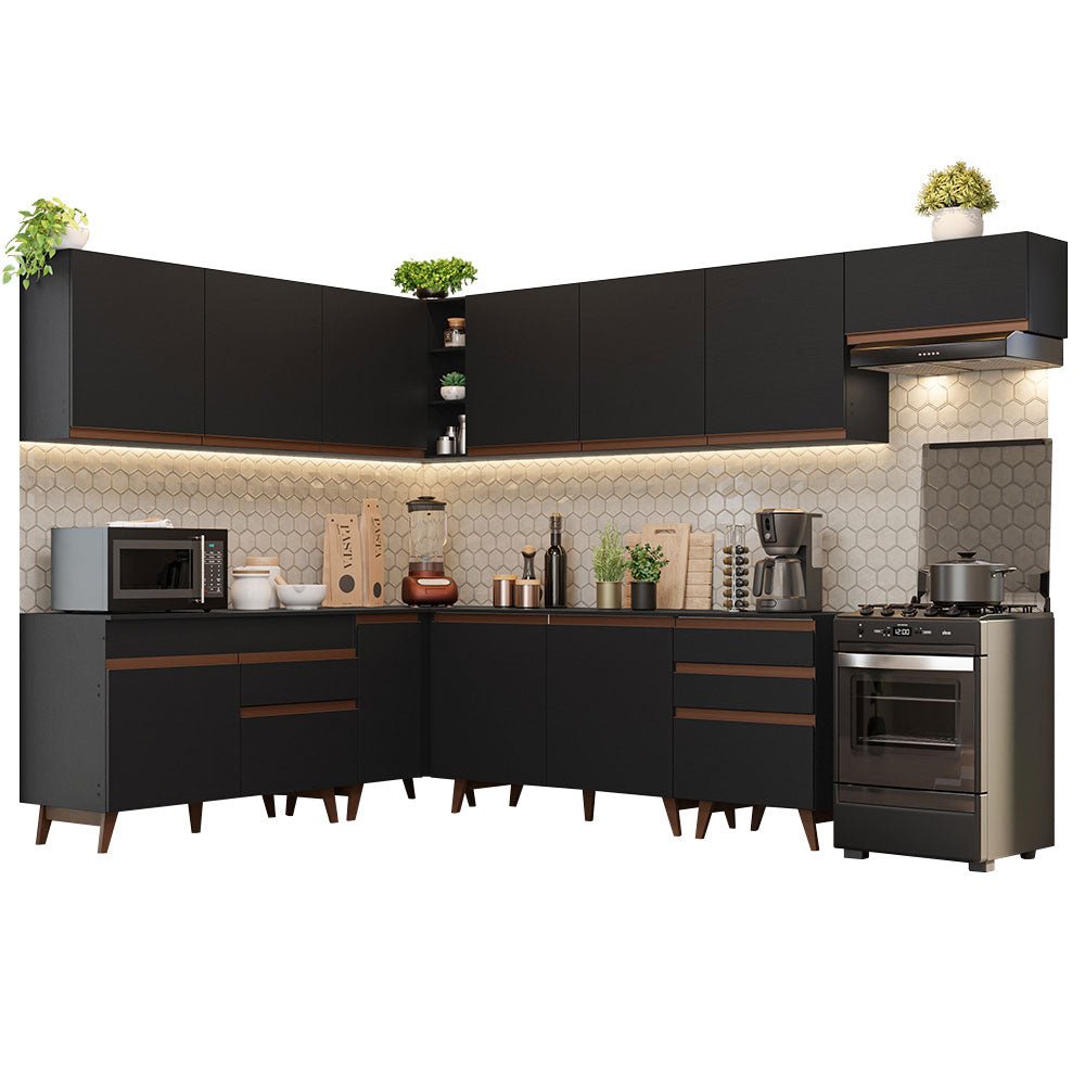 Cocina Integral Esquinero Modular Reims Negro 512x210cm con Mesón de Madera Aglomerada Mdp sin Estufa con Cuatro Cajones y con Veintitrés Entrepaños - COCINAS | Bylmo