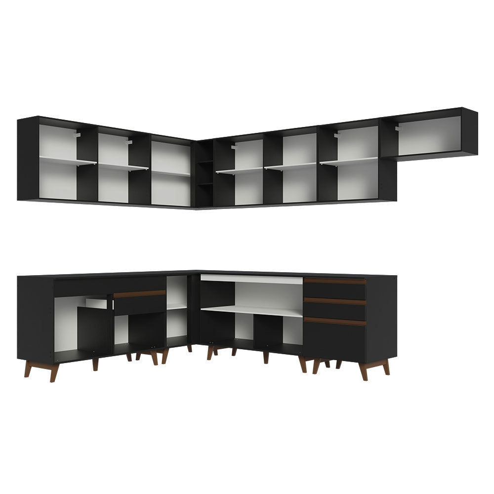 Cocina Integral Esquinero Modular Reims Negro 512x210cm con Mesón de Madera Aglomerada Mdp sin Estufa con Cuatro Cajones y con Veintitrés Entrepaños - COCINAS | Bylmo