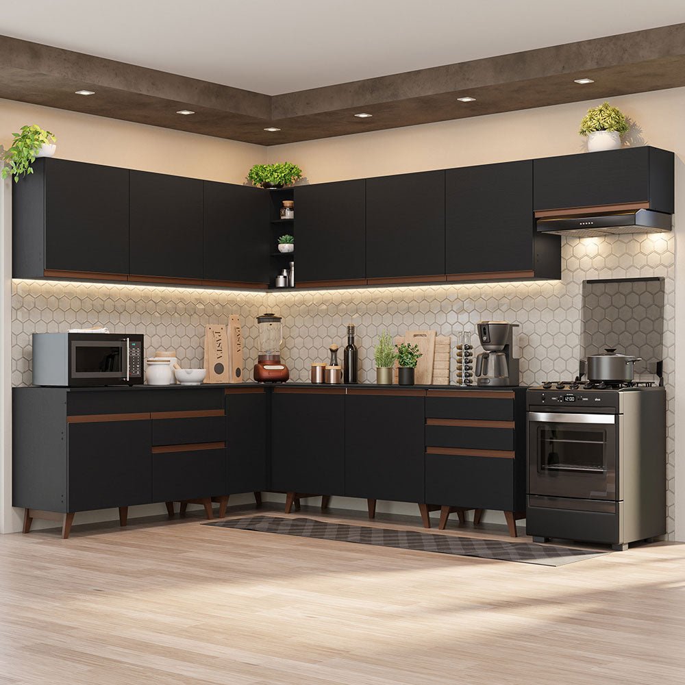 Cocina Integral Esquinero Modular Reims Negro 512x210cm con Mesón de Madera Aglomerada Mdp sin Estufa con Cuatro Cajones y con Veintitrés Entrepaños - COCINAS | Bylmo
