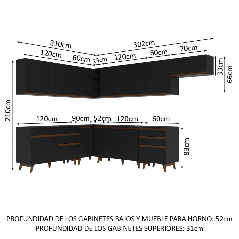 Cocina Integral Esquinero Modular Reims Negro 512x210cm con Mesón de Madera Aglomerada Mdp sin Estufa con Cuatro Cajones y con Veintitrés Entrepaños - COCINAS | Bylmo