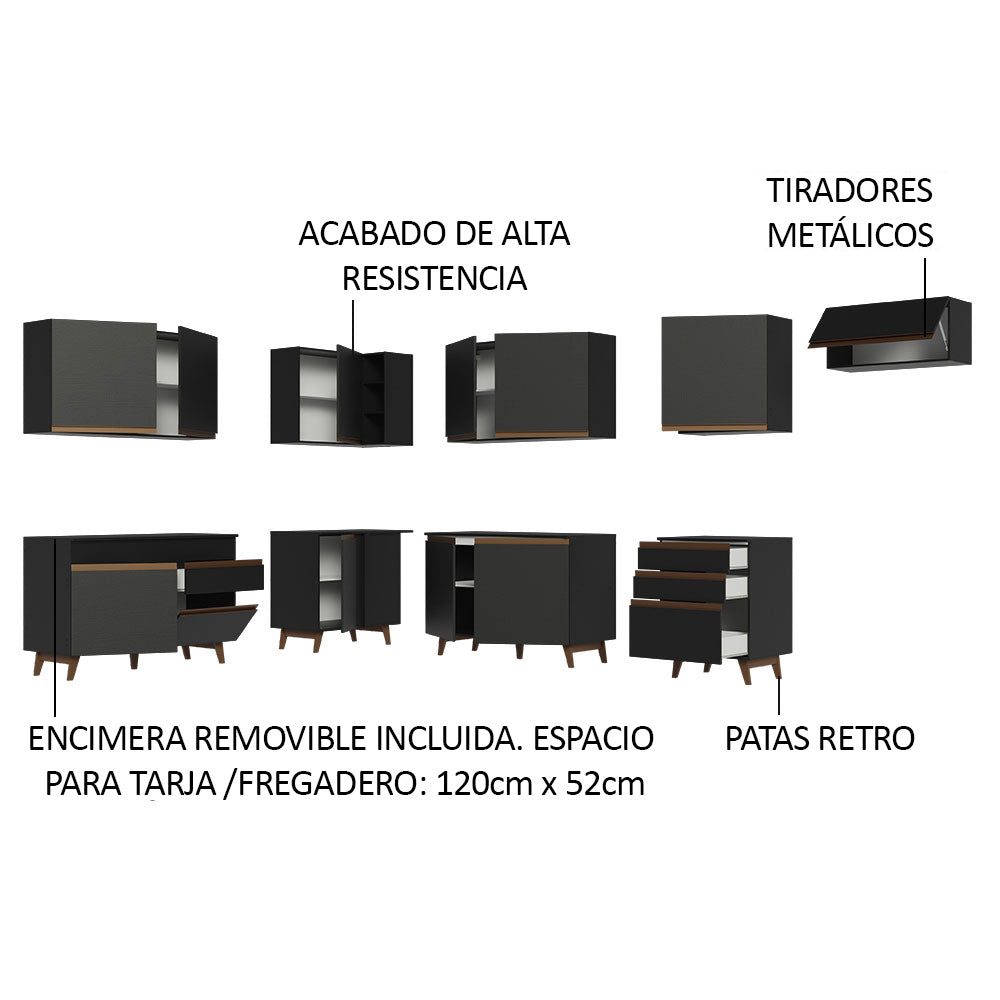 Cocina Integral Esquinero Modular Reims Negro 512x210cm con Mesón de Madera Aglomerada Mdp sin Estufa con Cuatro Cajones y con Veintitrés Entrepaños - COCINAS | Bylmo