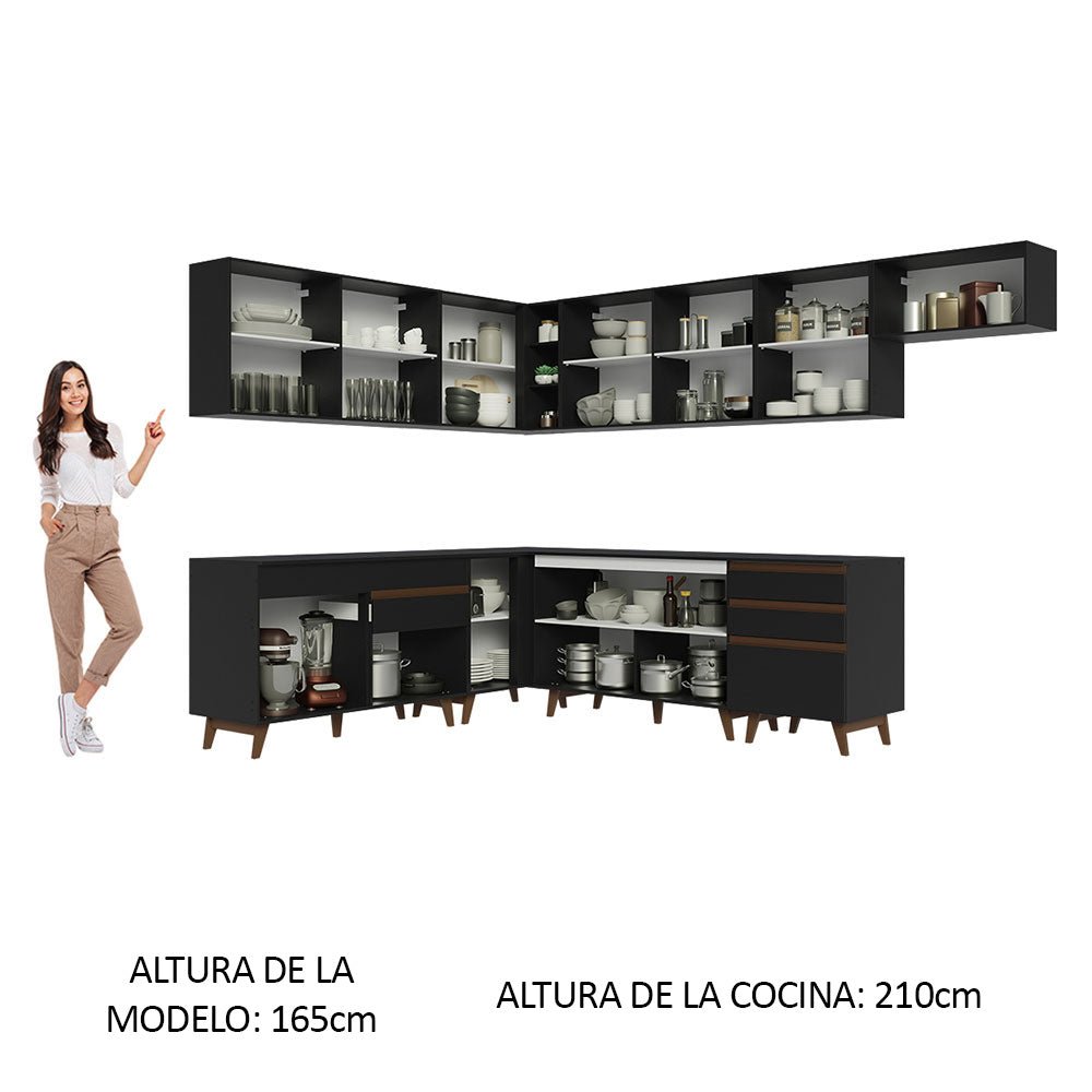 Cocina Integral Esquinero Modular Reims Negro 512x210cm con Mesón de Madera Aglomerada Mdp sin Estufa con Cuatro Cajones y con Veintitrés Entrepaños - COCINAS | Bylmo