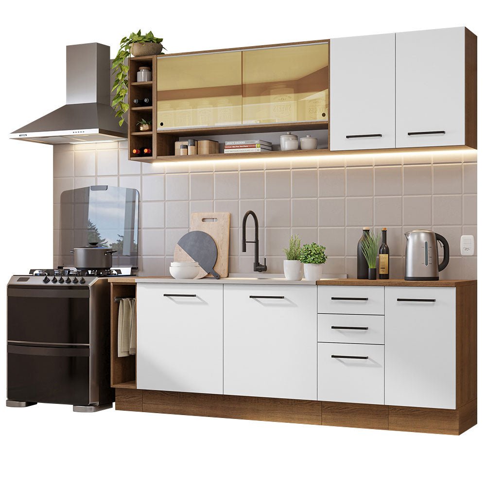 Cocina Integral Modular Agata Marron y Blanco 220x225cm sin Mesón sin Estufa con Tres Cajones y con Diecisiete Entrepaños - COCINAS | Bylmo