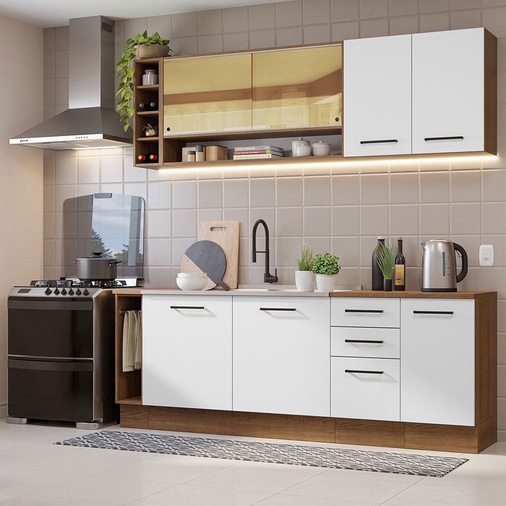 Cocina Integral Modular Agata Marron y Blanco 220x225cm sin Mesón sin Estufa con Tres Cajones y con Diecisiete Entrepaños - COCINAS | Bylmo