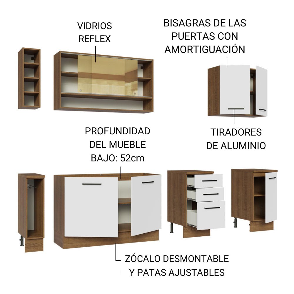 Cocina Integral Modular Agata Marron y Blanco 220x225cm sin Mesón sin Estufa con Tres Cajones y con Diecisiete Entrepaños - COCINAS | Bylmo