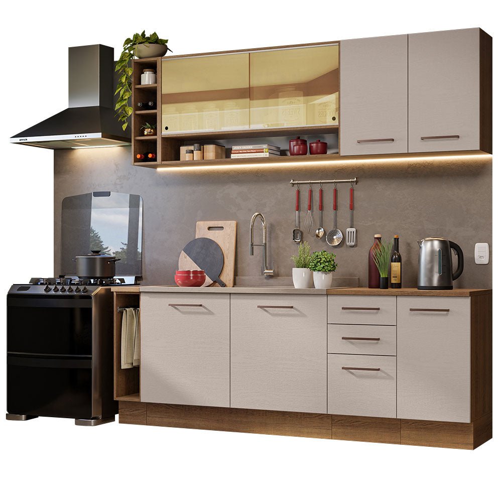 Cocina Integral Modular Agata Marron y Crema 220x225cm sin Mesón sin Estufa con Tres Cajones y con Diecisiete Entrepaños - COCINAS | Bylmo