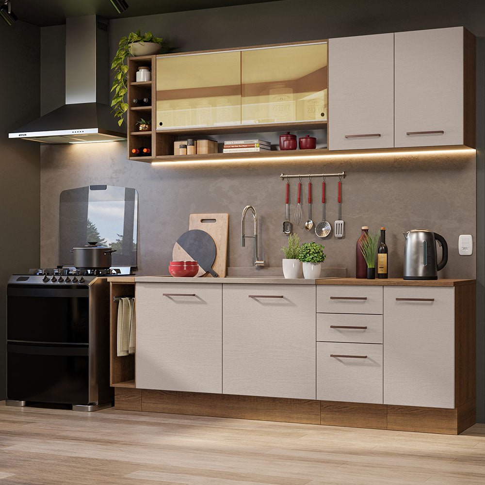 Cocina Integral Modular Agata Marron y Crema 220x225cm sin Mesón sin Estufa con Tres Cajones y con Diecisiete Entrepaños - COCINAS | Bylmo