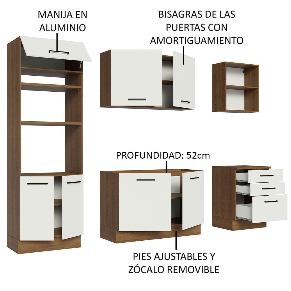 Cocina Integral Modular Agata Marron y Blanco 250x225cm sin Mesón sin Estufa con Tres Cajones y con Quince Entrepaños - COCINAS | Bylmo