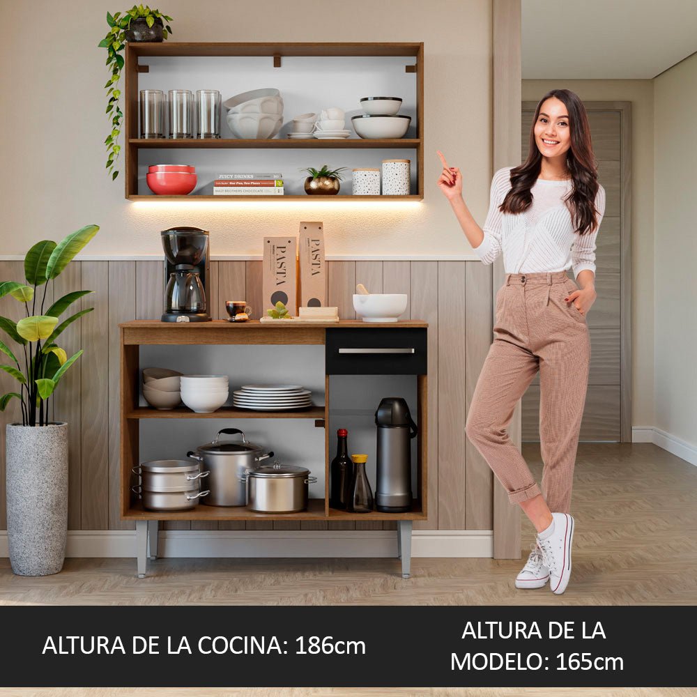 Cocina Integral Modular Emilly Marron y Negro 105x186cm con Mesón de Madera Aglomerada Mdp sin Estufa con Un Cajón y con Cinco Entrepaños - COCINAS | Bylmo