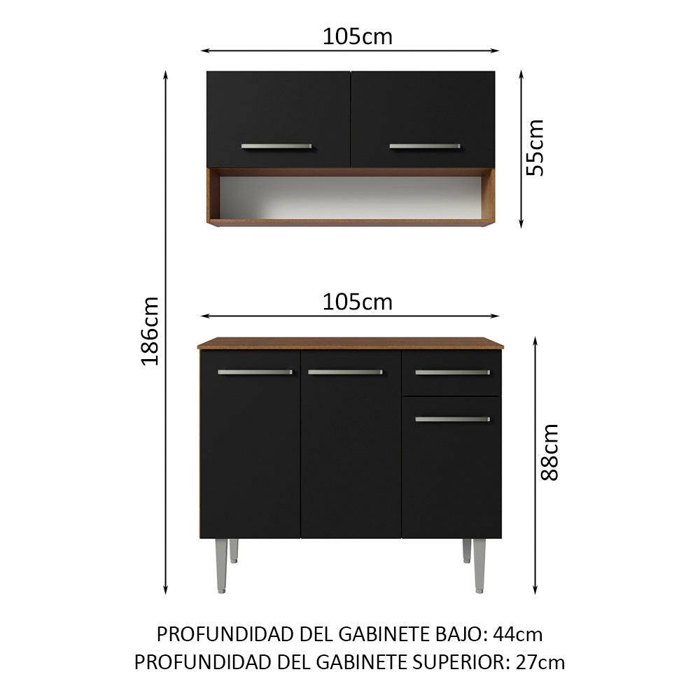 Cocina Integral Modular Emilly Marron y Negro 105x186cm con Mesón de Madera Aglomerada Mdp sin Estufa con Un Cajón y con Cinco Entrepaños - COCINAS | Bylmo