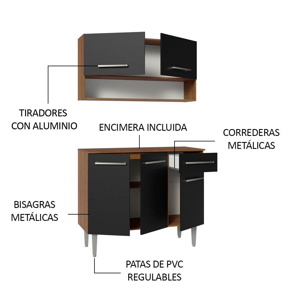 Cocina Integral Modular Emilly Marron y Negro 105x186cm con Mesón de Madera Aglomerada Mdp sin Estufa con Un Cajón y con Cinco Entrepaños - COCINAS | Bylmo