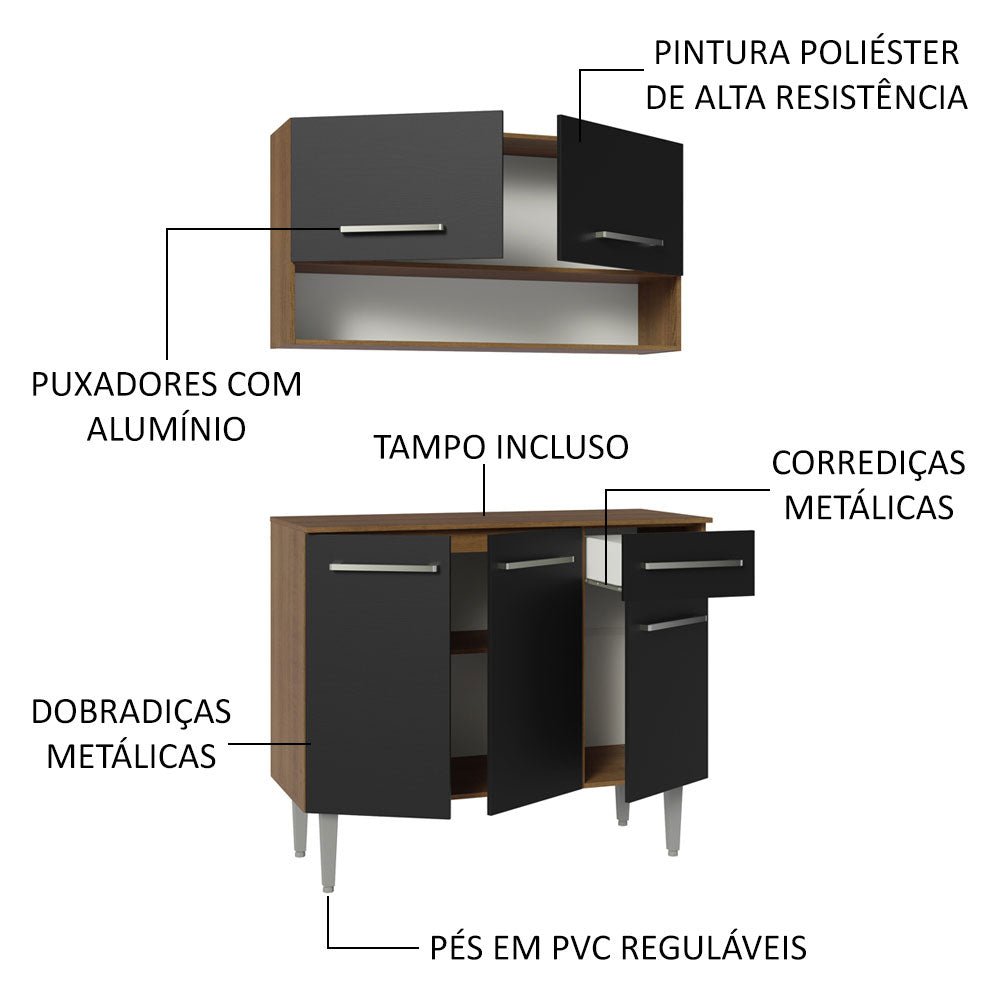 Cocina Integral Modular Emilly Marron y Negro 105x186cm con Mesón de Madera Aglomerada Mdp sin Estufa con Un Cajón y con Cinco Entrepaños - COCINAS | Bylmo