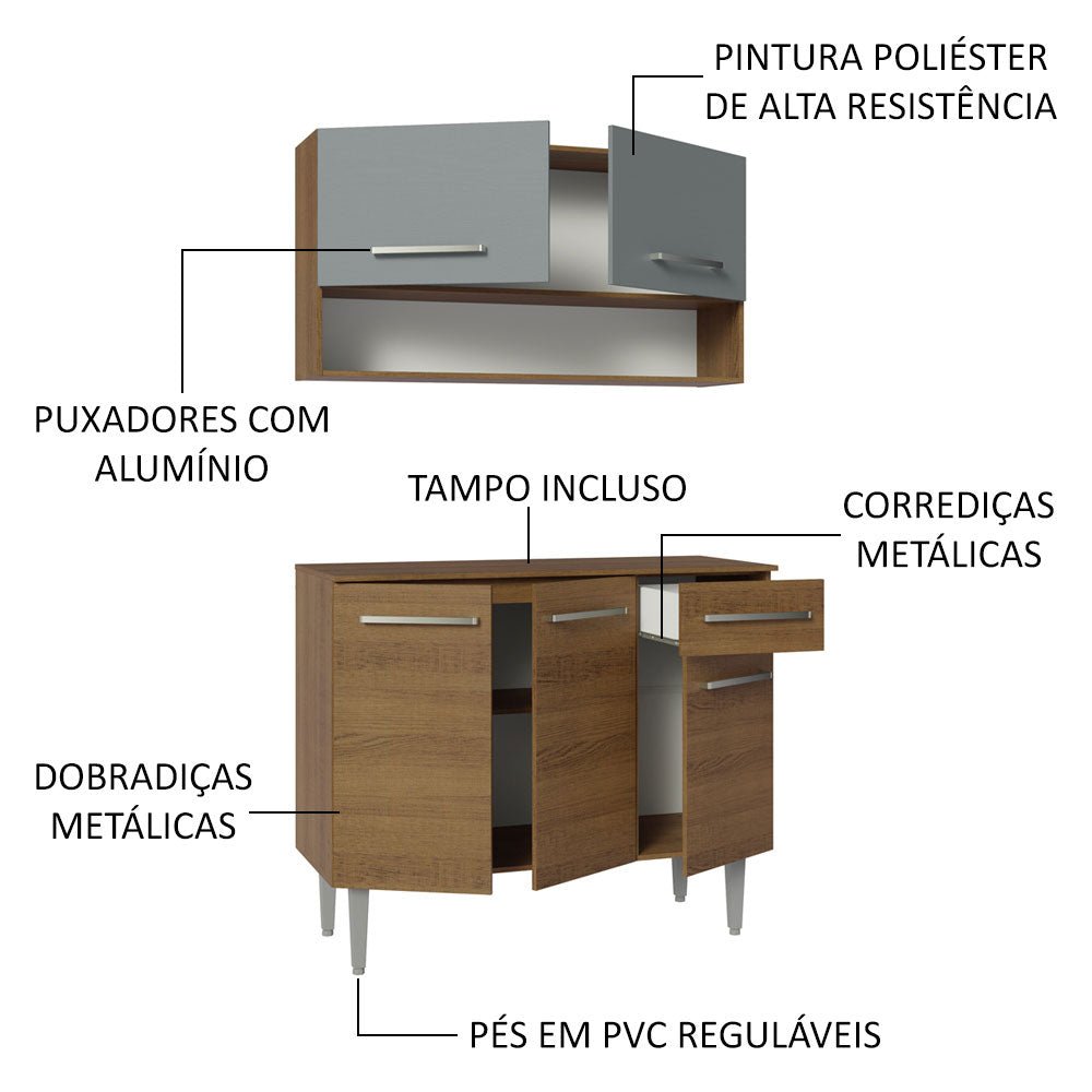 Cocina Integral Modular Emilly Marron y Gris 105x186cm con Mesón de Madera Aglomerada Mdp sin Estufa con Un Cajón y con Cinco Entrepaños - COCINAS | Bylmo