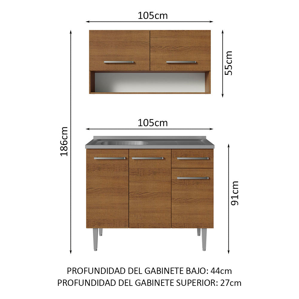 Cocina Integral Modular Emilly Marron 105x186cm con Mesón de Acero Inoxidable sin Estufa con Un Cajón y con Cinco Entrepaños - COCINAS | Bylmo