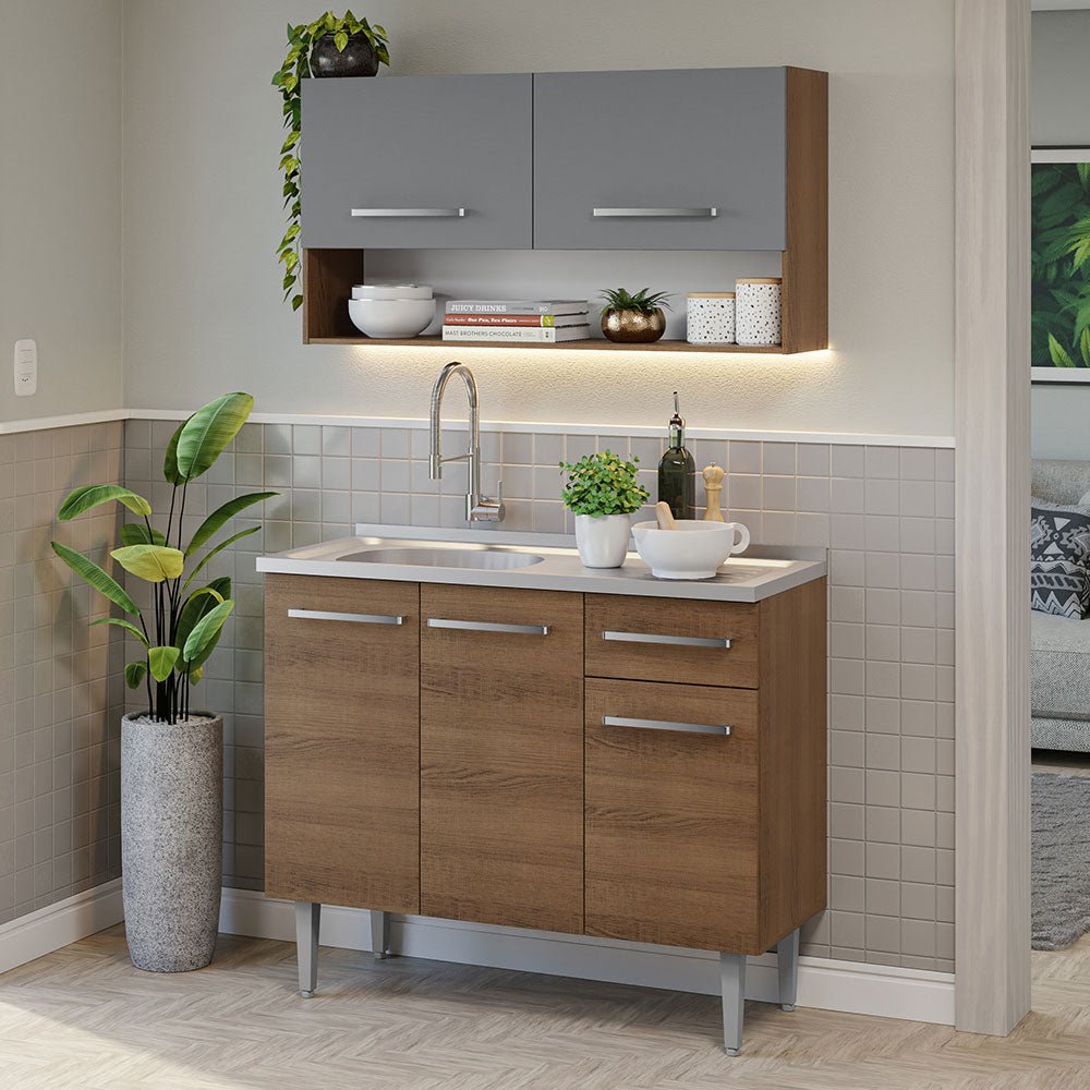 Cocina Integral Modular Emilly Marron y Gris 105x186cm con Mesón de Acero Inoxidable sin Estufa con Un Cajón y con Cinco Entrepaños - COCINAS | Bylmo
