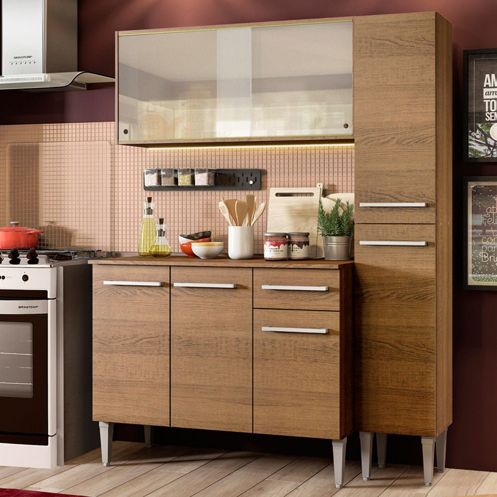 Cocina Integral Modular Emilly Force Marron 137x186cm con Mesón de Madera Aglomerada Mdp sin Estufa con Un Cajón y con Nueve Entrepaños - COCINAS | Bylmo