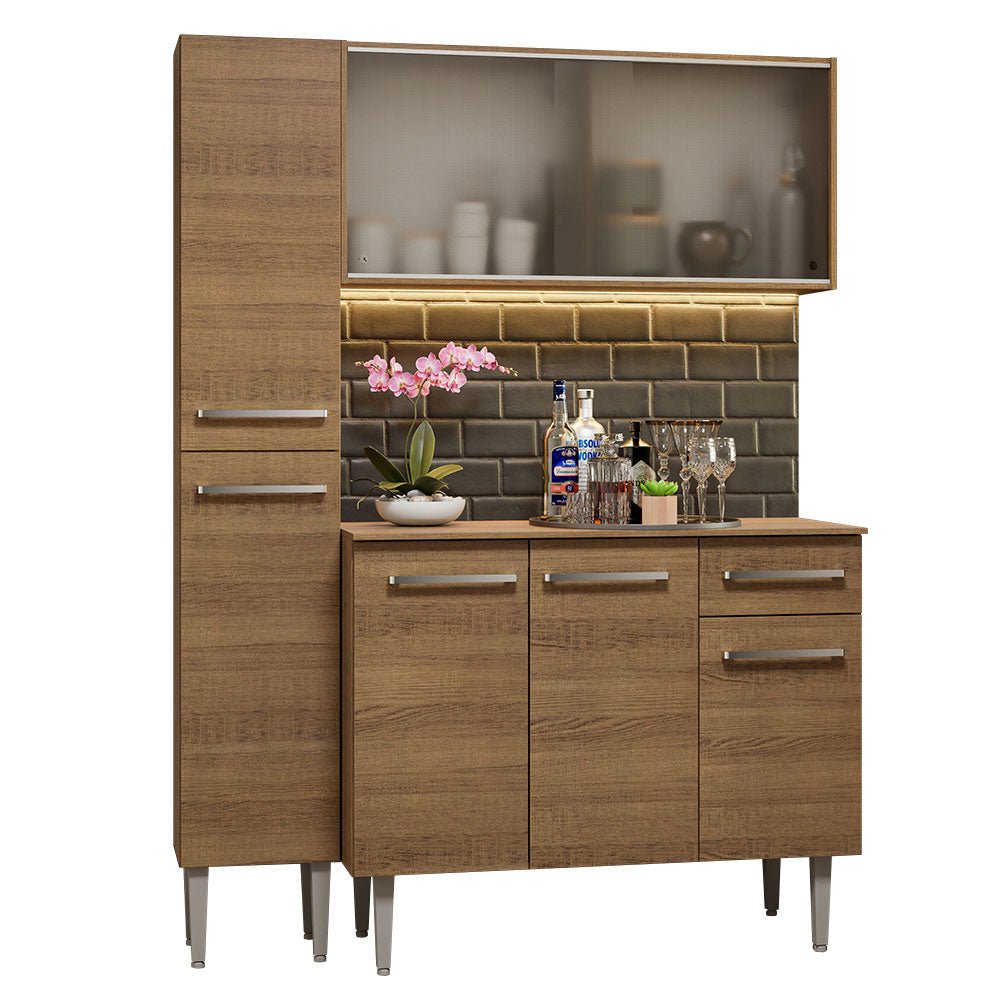 Cocina Integral Modular Emilly Marron 137x186cm con Mesón de Madera Aglomerada Mdp sin Estufa con Un Cajón con Nueve Entrepaños y Puerta Traslúcida Blanca - COCINAS | Bylmo