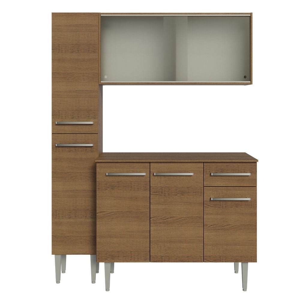 Cocina Integral Modular Emilly Marron 137x186cm con Mesón de Madera Aglomerada Mdp sin Estufa con Un Cajón con Nueve Entrepaños y Puerta Traslúcida Blanca - COCINAS | Bylmo