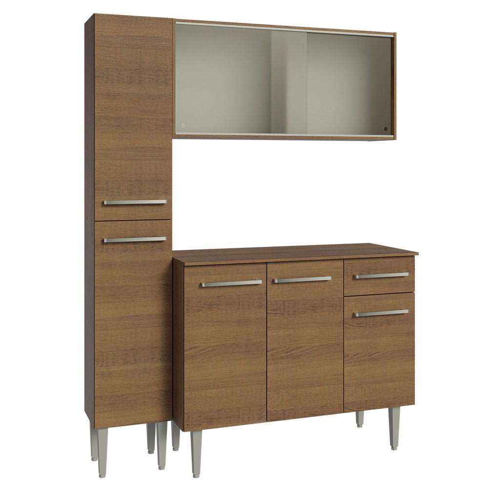 Cocina Integral Modular Emilly Marron 137x186cm con Mesón de Madera Aglomerada Mdp sin Estufa con Un Cajón con Nueve Entrepaños y Puerta Traslúcida Blanca - COCINAS | Bylmo