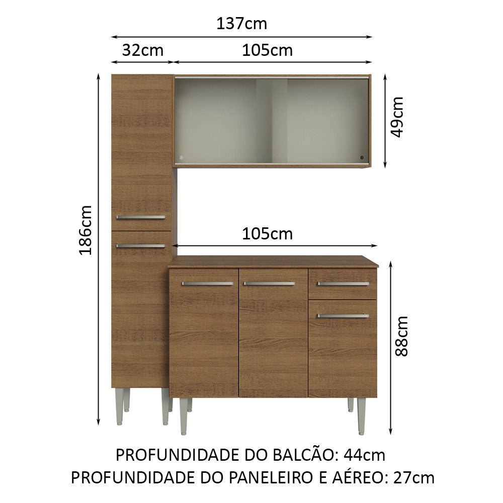 Cocina Integral Modular Emilly Marron 137x186cm con Mesón de Madera Aglomerada Mdp sin Estufa con Un Cajón con Nueve Entrepaños y Puerta Traslúcida Blanca - COCINAS | Bylmo