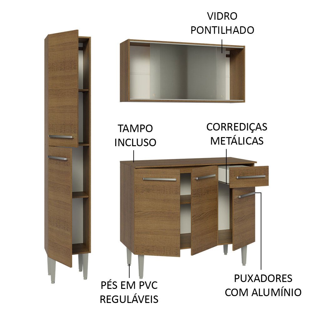 Cocina Integral Modular Emilly Marron 137x186cm con Mesón de Madera Aglomerada Mdp sin Estufa con Un Cajón con Nueve Entrepaños y Puerta Traslúcida Blanca - COCINAS | Bylmo