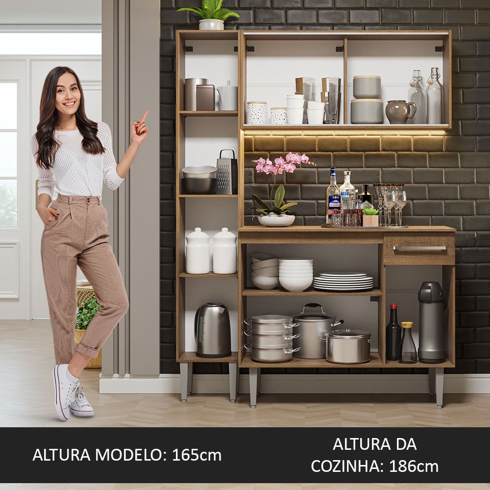 Cocina Integral Modular Emilly Marron 137x186cm con Mesón de Madera Aglomerada Mdp sin Estufa con Un Cajón con Nueve Entrepaños y Puerta Traslúcida Blanca - COCINAS | Bylmo