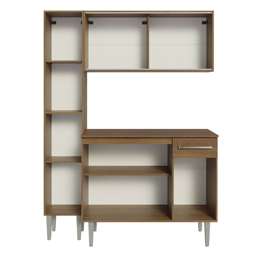 Cocina Integral Modular Emilly Marron 137x186cm con Mesón de Madera Aglomerada Mdp sin Estufa con Un Cajón con Nueve Entrepaños y Puerta Traslúcida Blanca - COCINAS | Bylmo