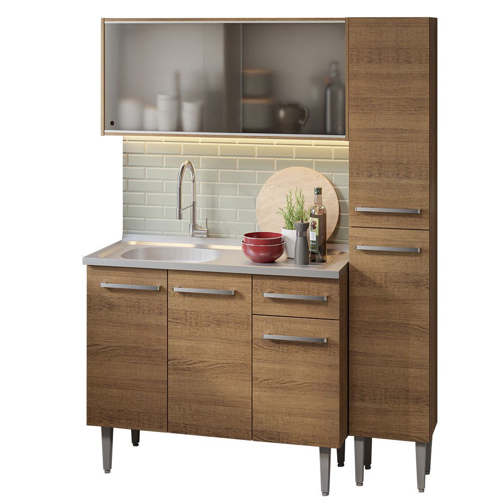 Cocina Integral Modular Emilly Marron 137x186cm con Mesón de Acero Inoxidable sin Estufa con Un Cajón con Puerta de Vidrio Punteado y con Nueve Entrepaños - COCINAS | Bylmo
