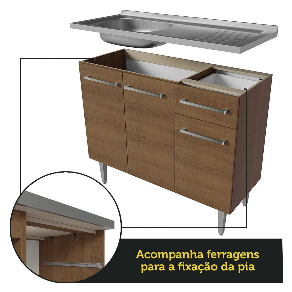 Cocina Integral Modular Emilly Marron 137x186cm con Mesón de Acero Inoxidable sin Estufa con Un Cajón con Puerta de Vidrio Punteado y con Nueve Entrepaños - COCINAS | Bylmo