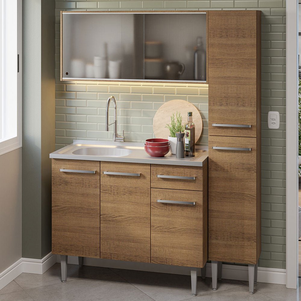 Cocina Integral Modular Emilly Marron 137x186cm con Mesón de Acero Inoxidable sin Estufa con Un Cajón con Puerta de Vidrio Punteado y con Nueve Entrepaños - COCINAS | Bylmo