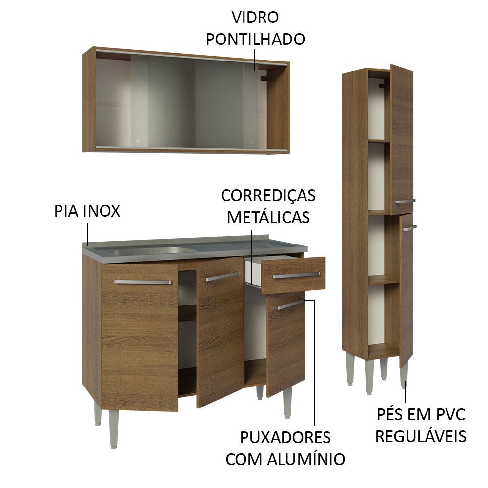 Cocina Integral Modular Emilly Marron 137x186cm con Mesón de Acero Inoxidable sin Estufa con Un Cajón con Puerta de Vidrio Punteado y con Nueve Entrepaños - COCINAS | Bylmo